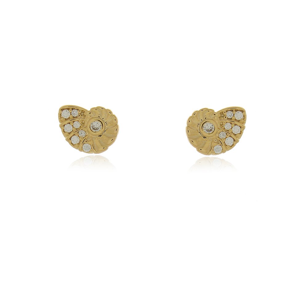 Brinco Dourado Formato Concha com Zircônias e Banho de Ouro 18K