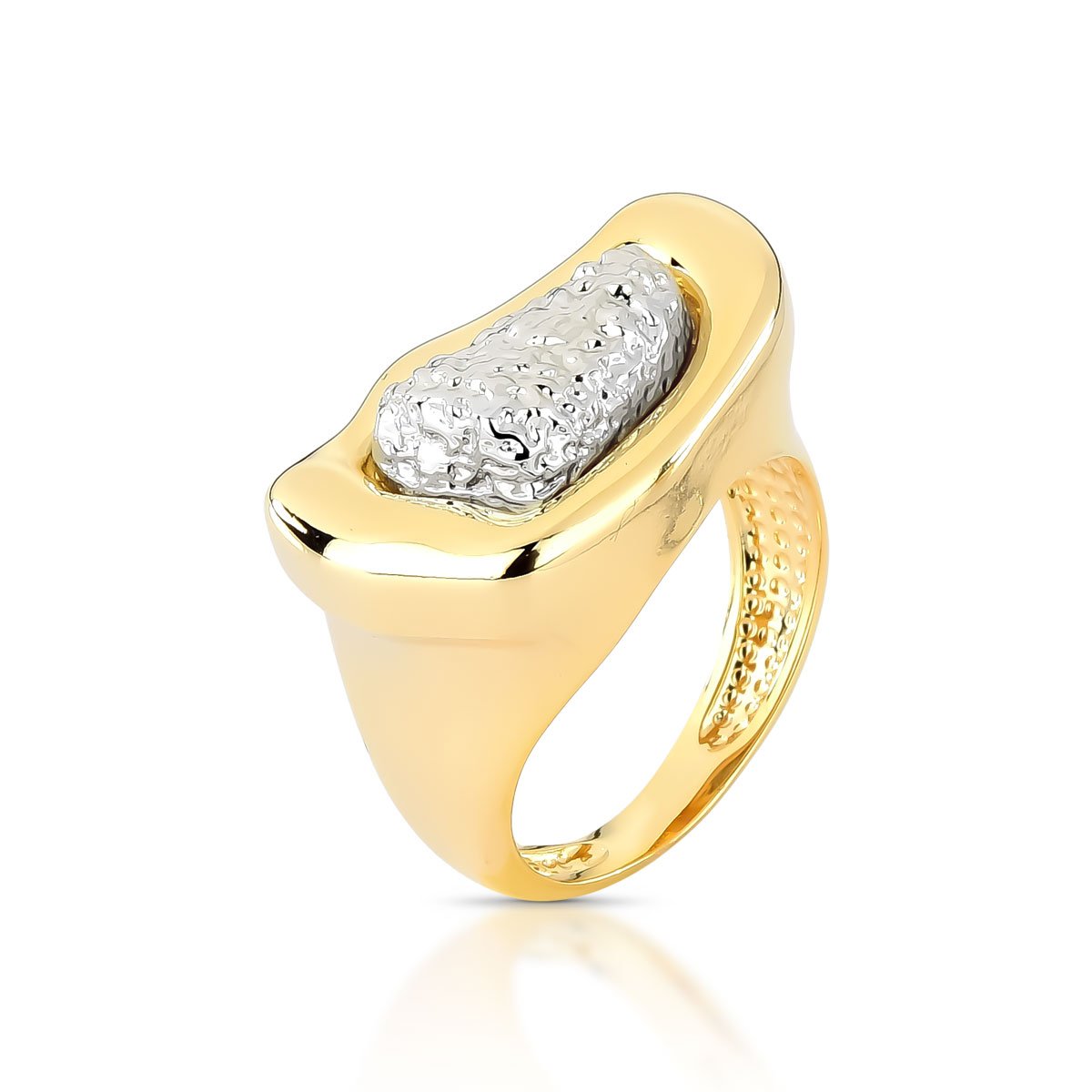 Anel Dourado com Detalhe Prateado Texturizado