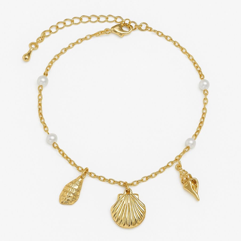 Pulseira Dourada com Pingentes de Conchas e Pérolas e Banho de Ouro 18K