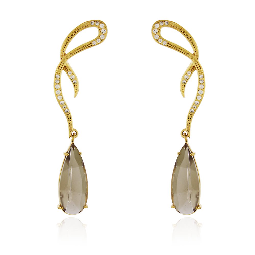 Brinco Longo Gota Fumê com Design Curvado – Folheado a Ouro 18K - Imagem 2