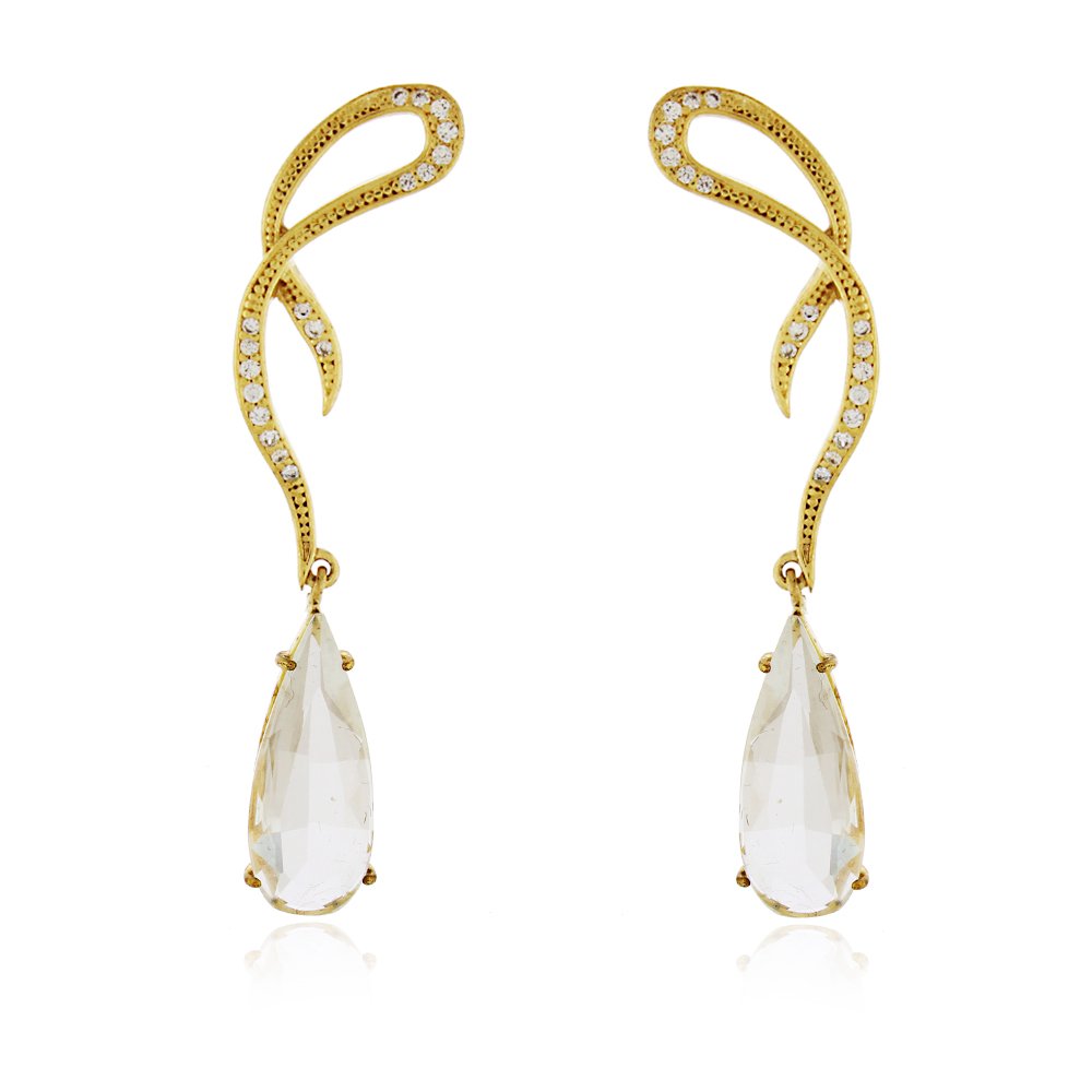 Brinco Longo Gota Cristal com Design Curvado Folheado a Ouro 18K