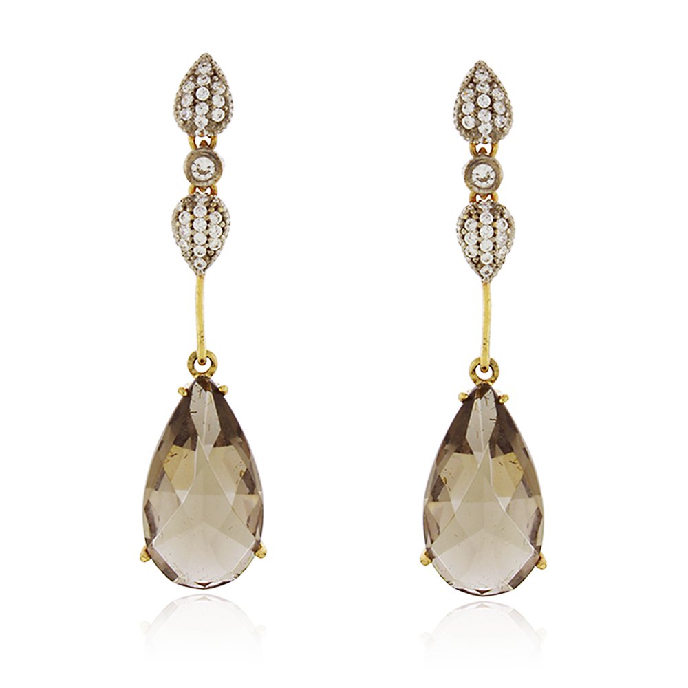 Brinco Longo Gota Cristal Fumê com Zircônias Folheado a Ouro 18K
