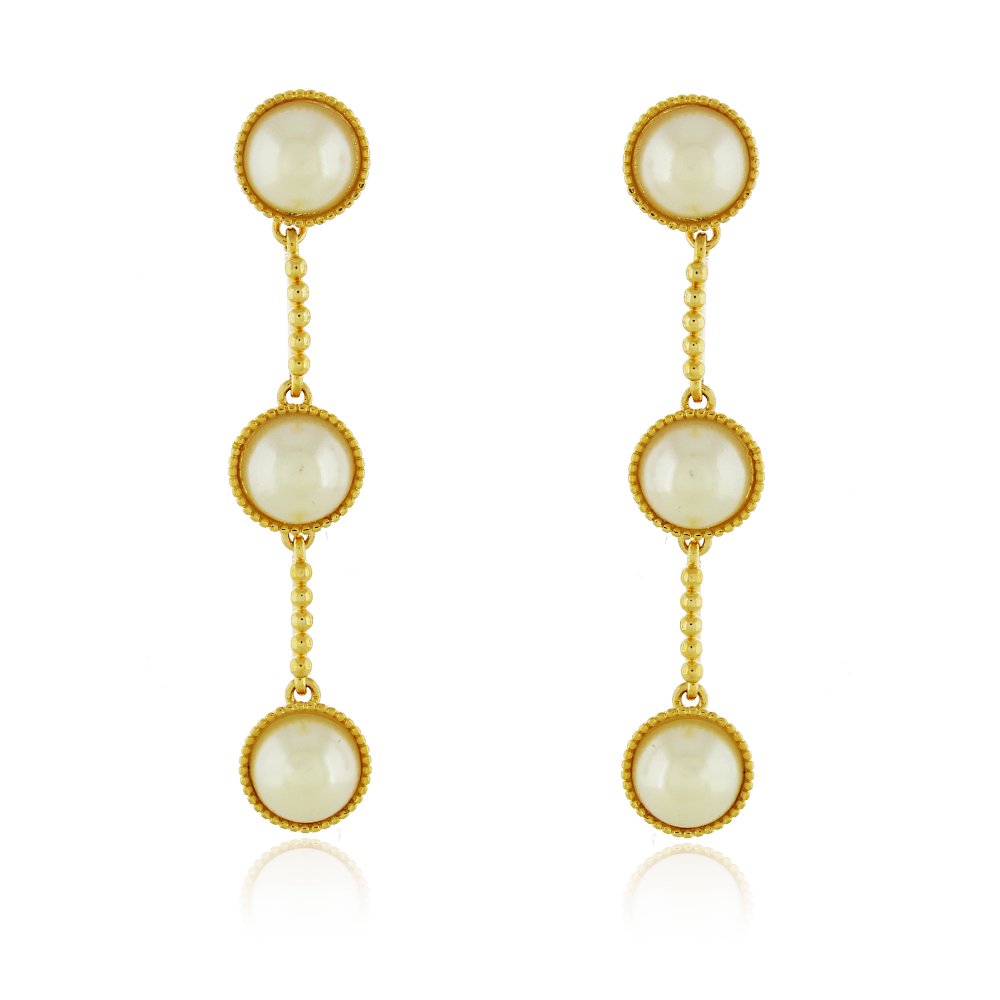 Brinco Longo com Pérolas Sintéticas Folheado a Ouro 18K