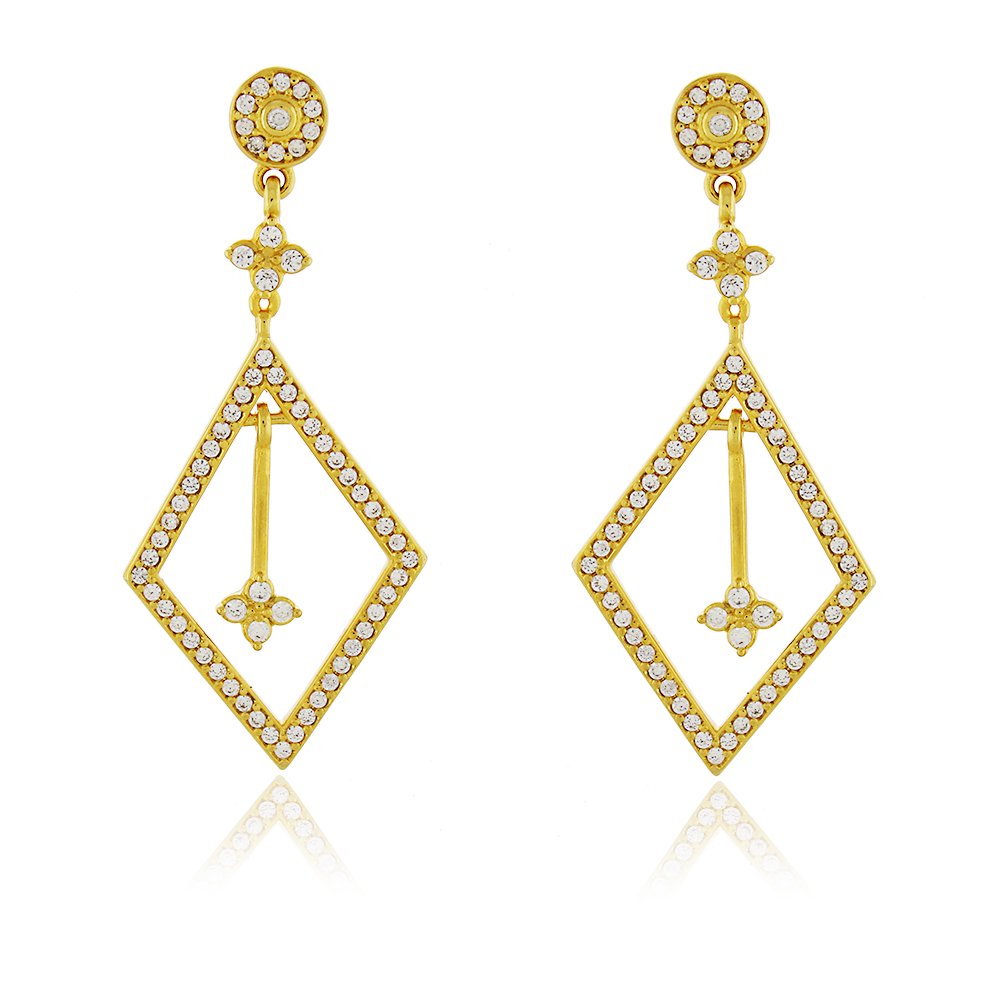 Brinco Longo Losango com Zircônias Folheado a Ouro 18K