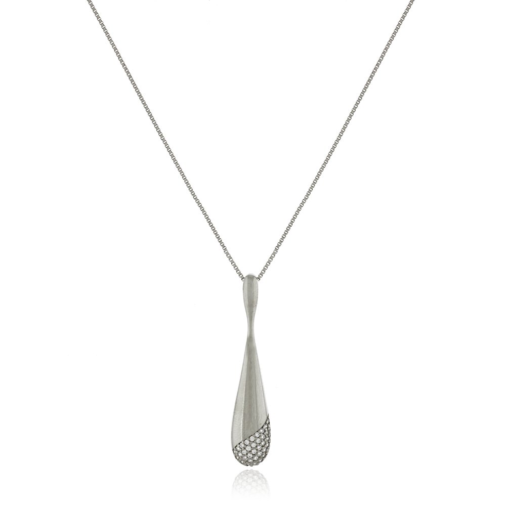 Colar Gota Alongada Cravejada Ródio