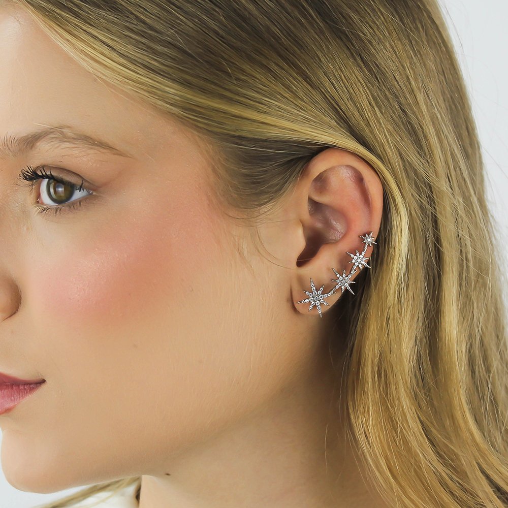 Brinco Ear Cuff Estrelas Cravejadas Ródio Branco