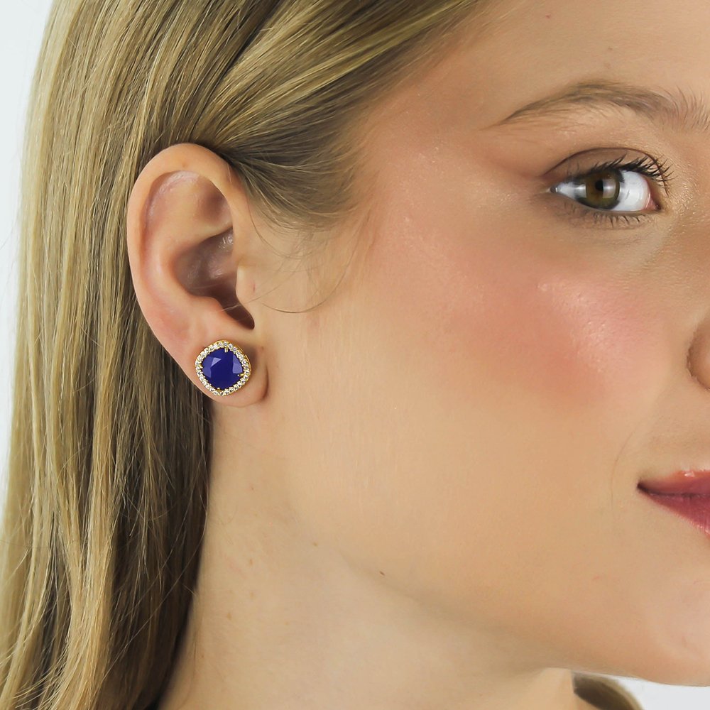 Brinco Quadrado com Pedra Azul e Zircônias Folheado a Ouro 18K