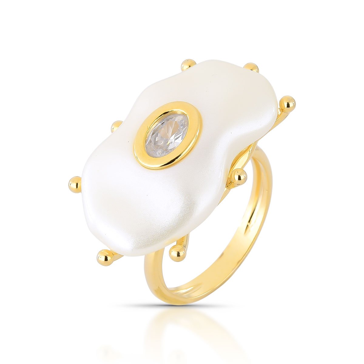Anel Dourado com Detalhe Perolado e Zircônia Central 18K