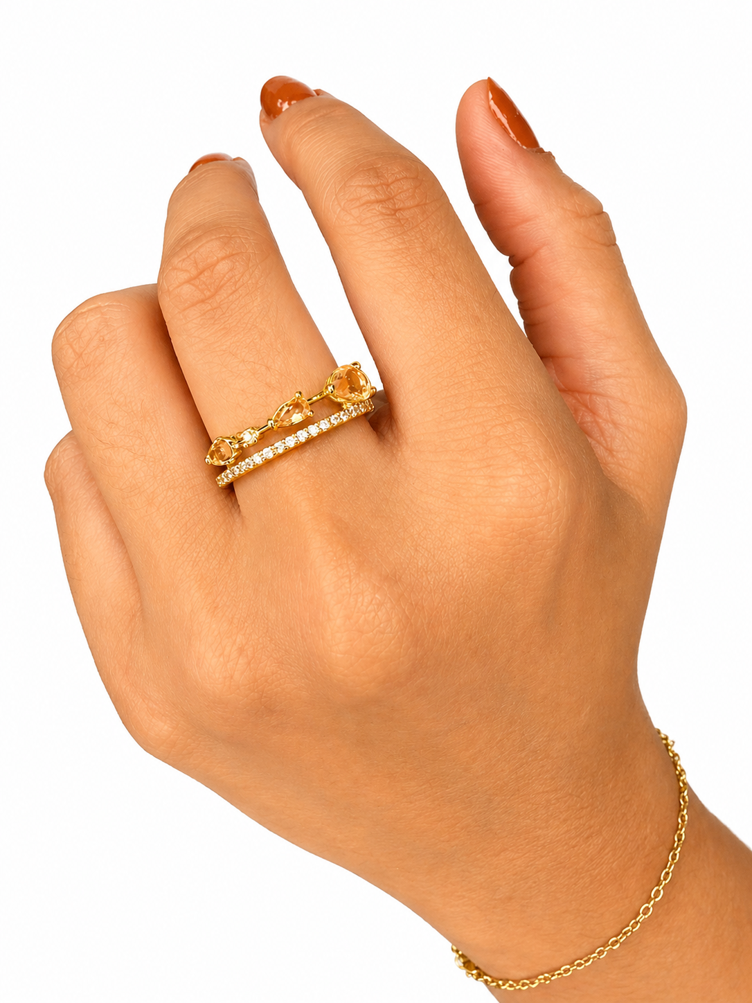 Anel Dupla Haste com Pedra Tipo Morganita Champagne Folheado a Ouro 18K - Imagem 2
