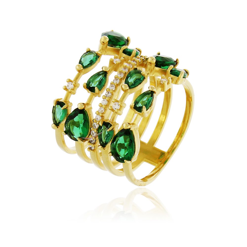 Anel Dourado com Pedras Verdes e Zircônias