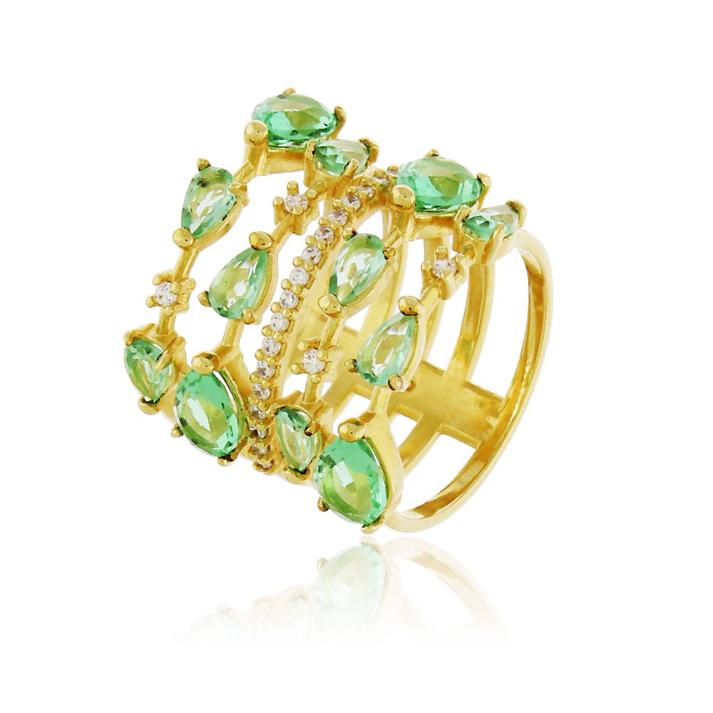 Anel Dourado com Pedras Verdes Claras e Zircônias
