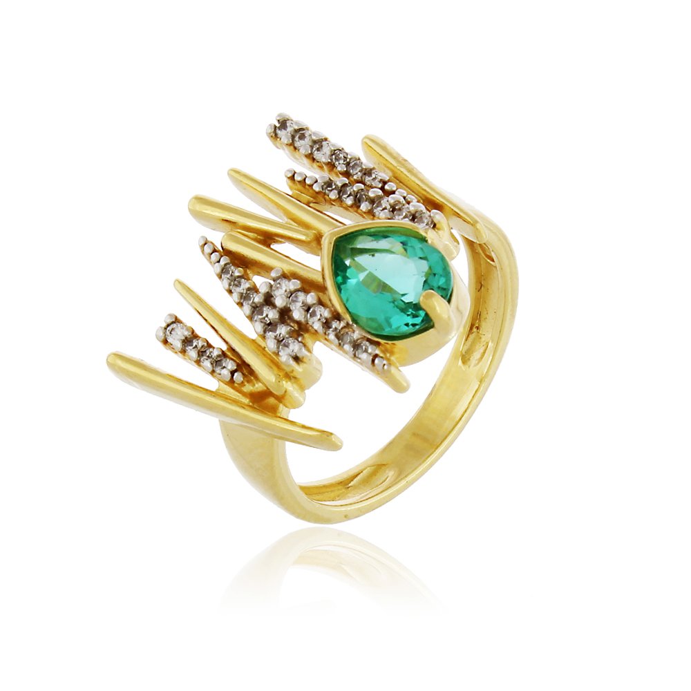 Anel Luxo Raio de Luz com Pedra Tipo Esmeralda Folheado a Ouro 18K