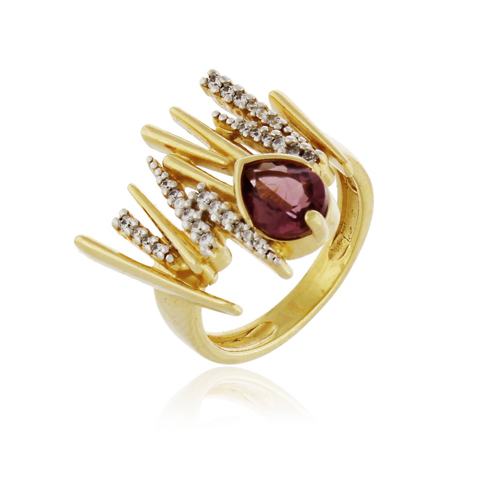 Anel Dourado com Gota Roxa e Zircônias