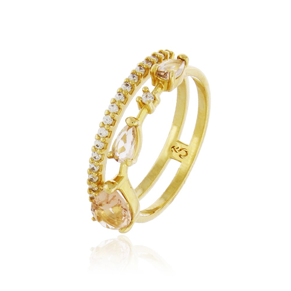 Anel Dupla Haste com Pedra Tipo Morganita Champagne Folheado a Ouro 18K