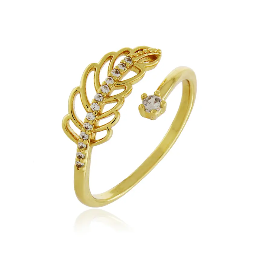Anel Dourado Folha Cravejada Ajustável